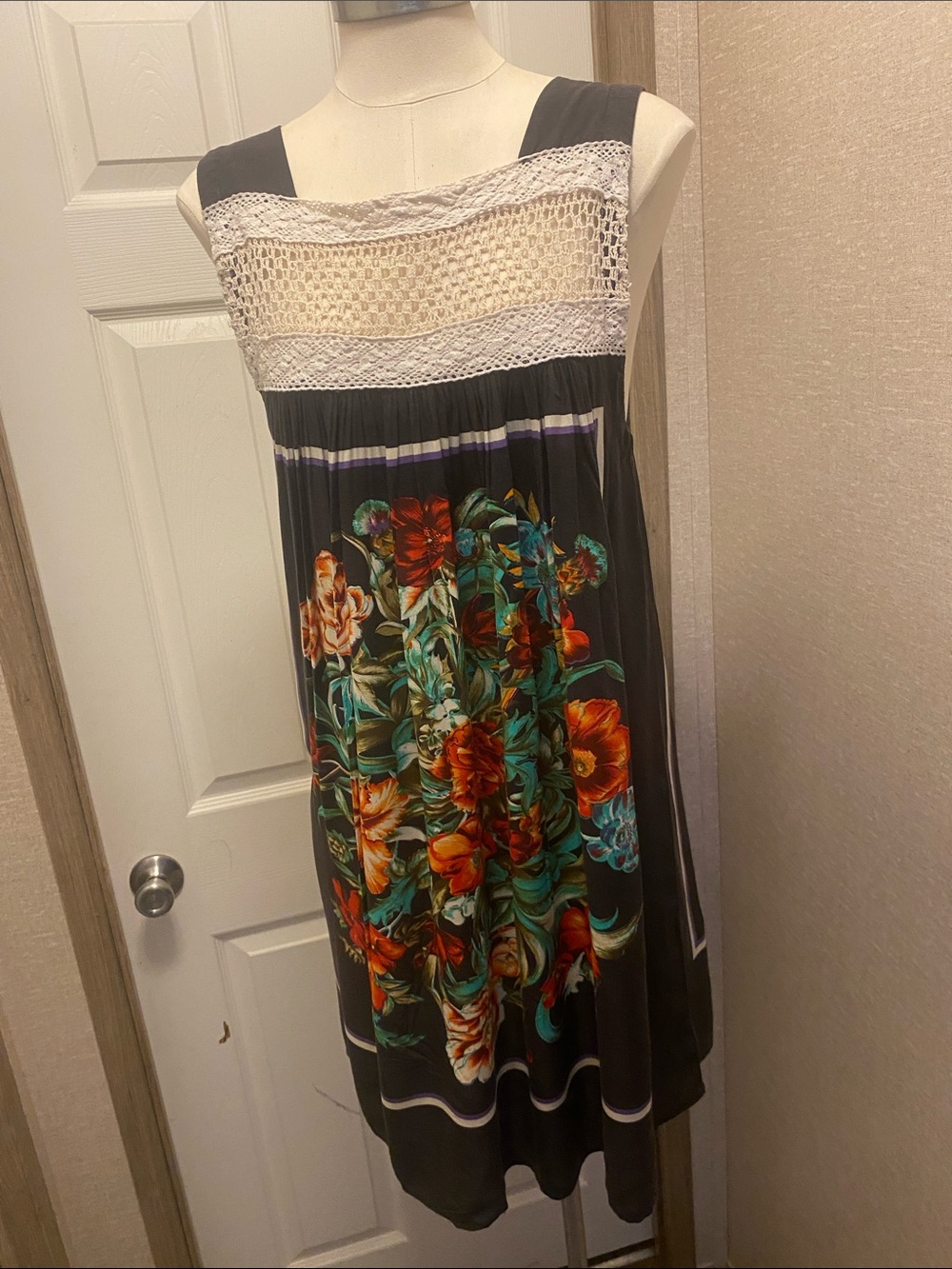 Free People Black Dress with Cream Crochet Trim and Purple Stripe - Picture 3 of 4